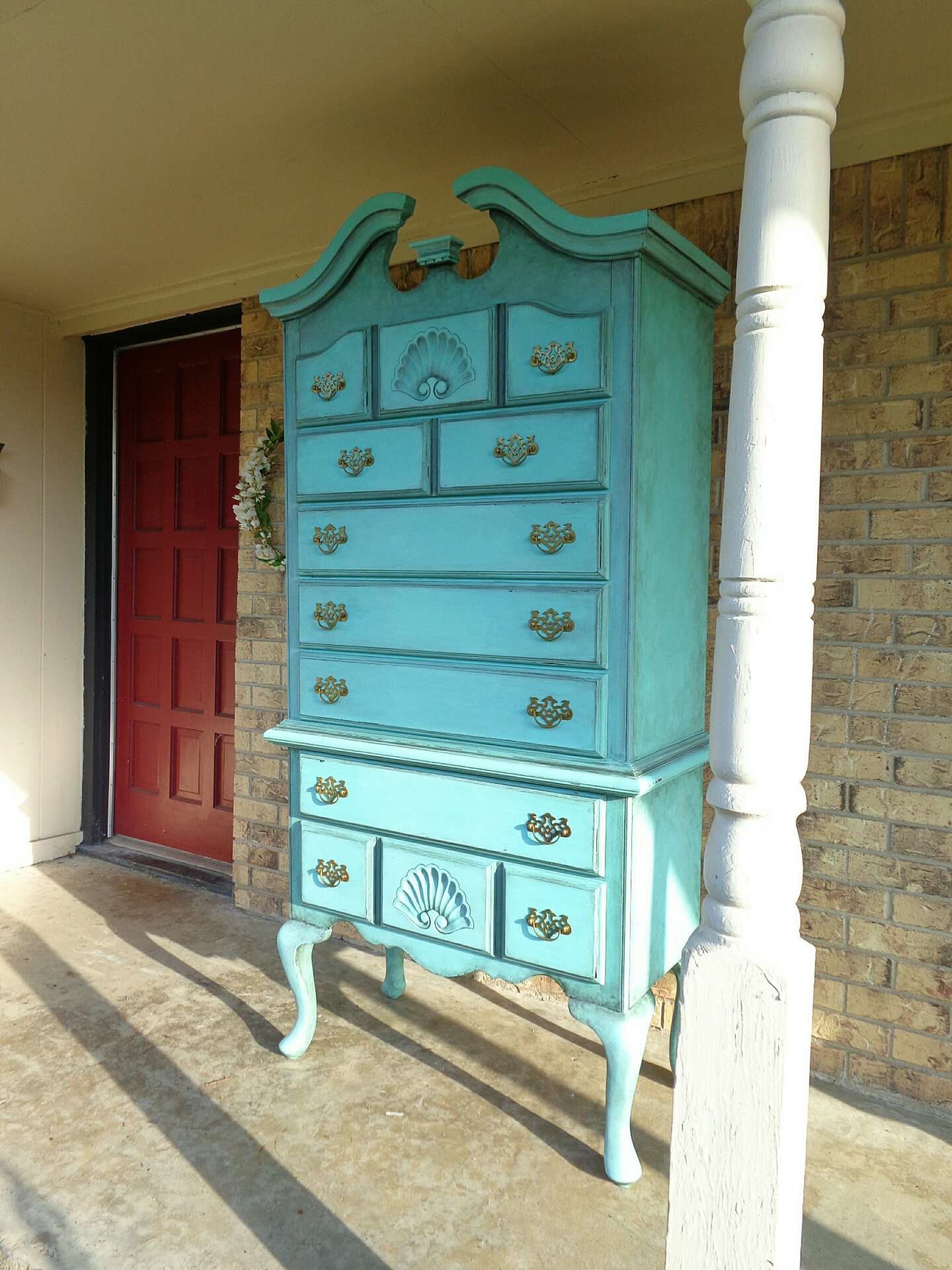 Pick Up Price Turquoise Queen Anne Cherry Wood Highboy Dresser Turquoise Queen Anne Cherry Wood Highboy Dresser French Chest Of